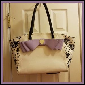 Betsy Johnson Tote Black White Floral & Purple Bow